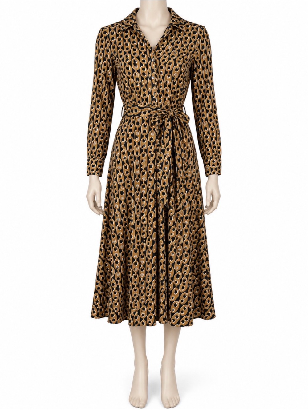 Boden Laura Jersey Midi Shirt Dress Camel Geo Chain Print US 4R